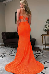 Orange Two Piece Mermaid Sequins Prom Dress With Slit