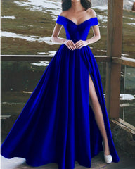Sexy V-neck Off Shoulder Satin Long Prom Dresses 2019