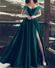 Sexy V-neck Off The Shoulder Long Satin Prom Dresses Split Evening Gowns