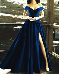 Sexy V-neck Off The Shoulder Long Satin Prom Dresses Split Evening Gowns