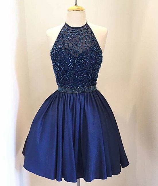 Dark blue beaded Short Prom Dress, Homecoming Dress - RongMoon