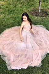 Pink A-line sweetheart tulle long prom dress pink evening dress - RongMoon