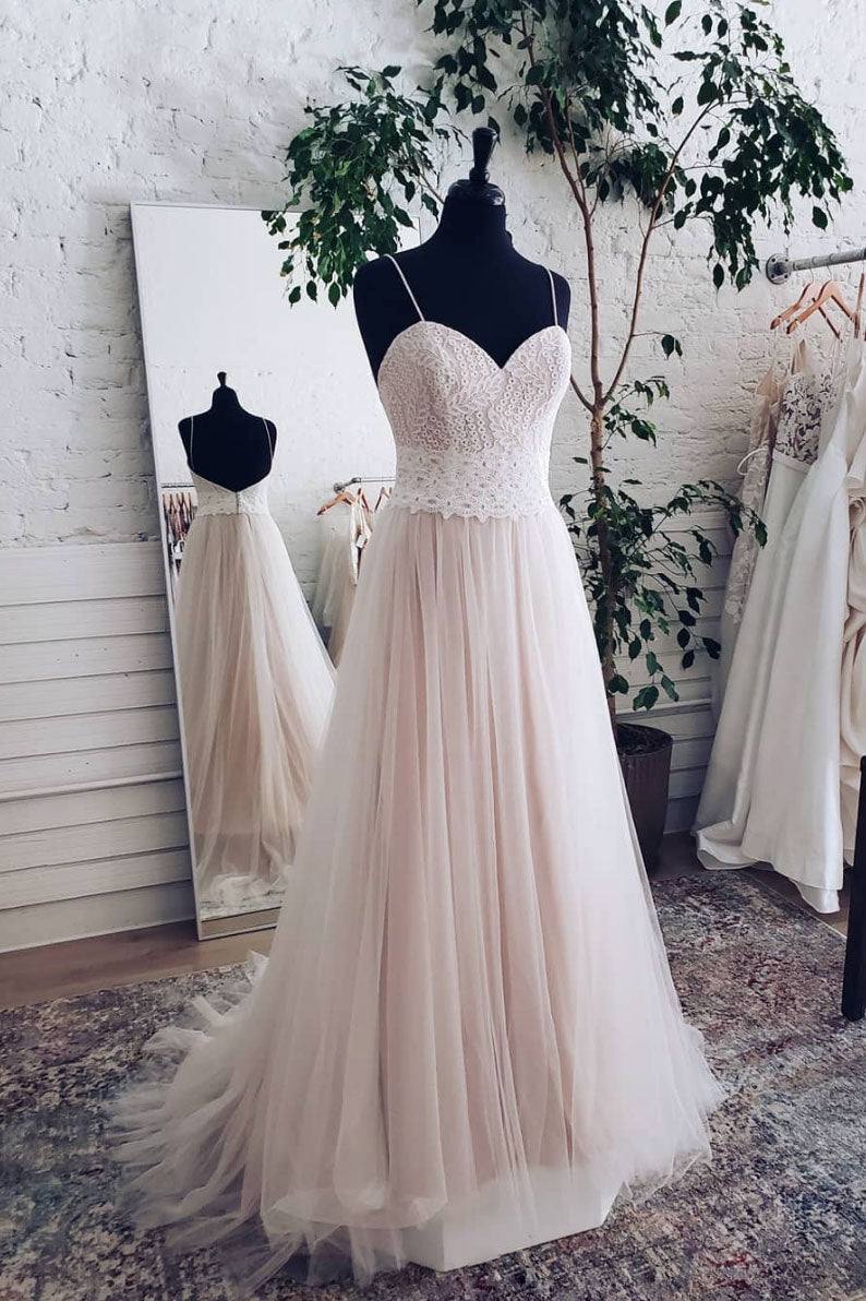 Champagne tulle sweetheart lace long prom dress tulle formal dress - RongMoon