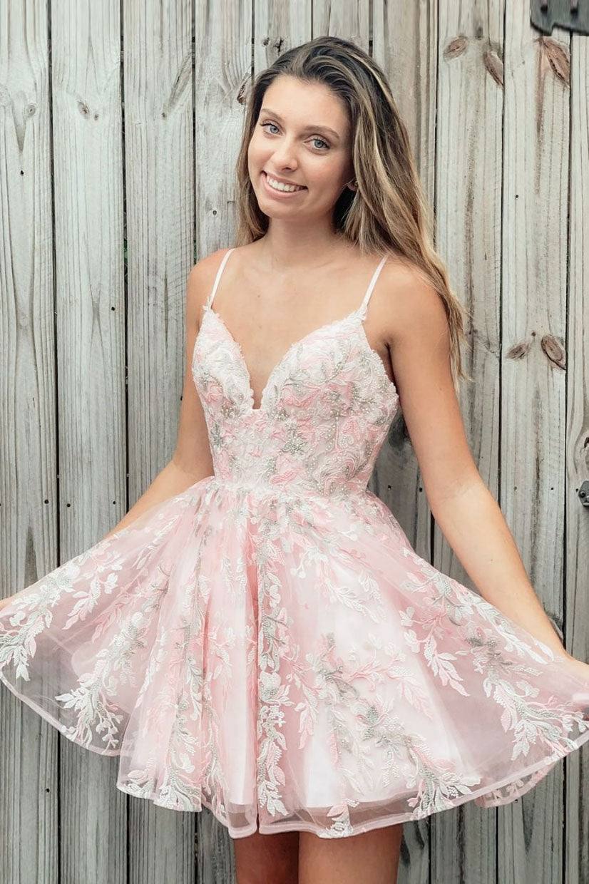 Pink sweetheart tulle lace short prom dress pink homecoming dress - RongMoon