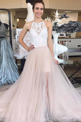 Champagne tulle lace long prom dress, champagne evening dress - RongMoon