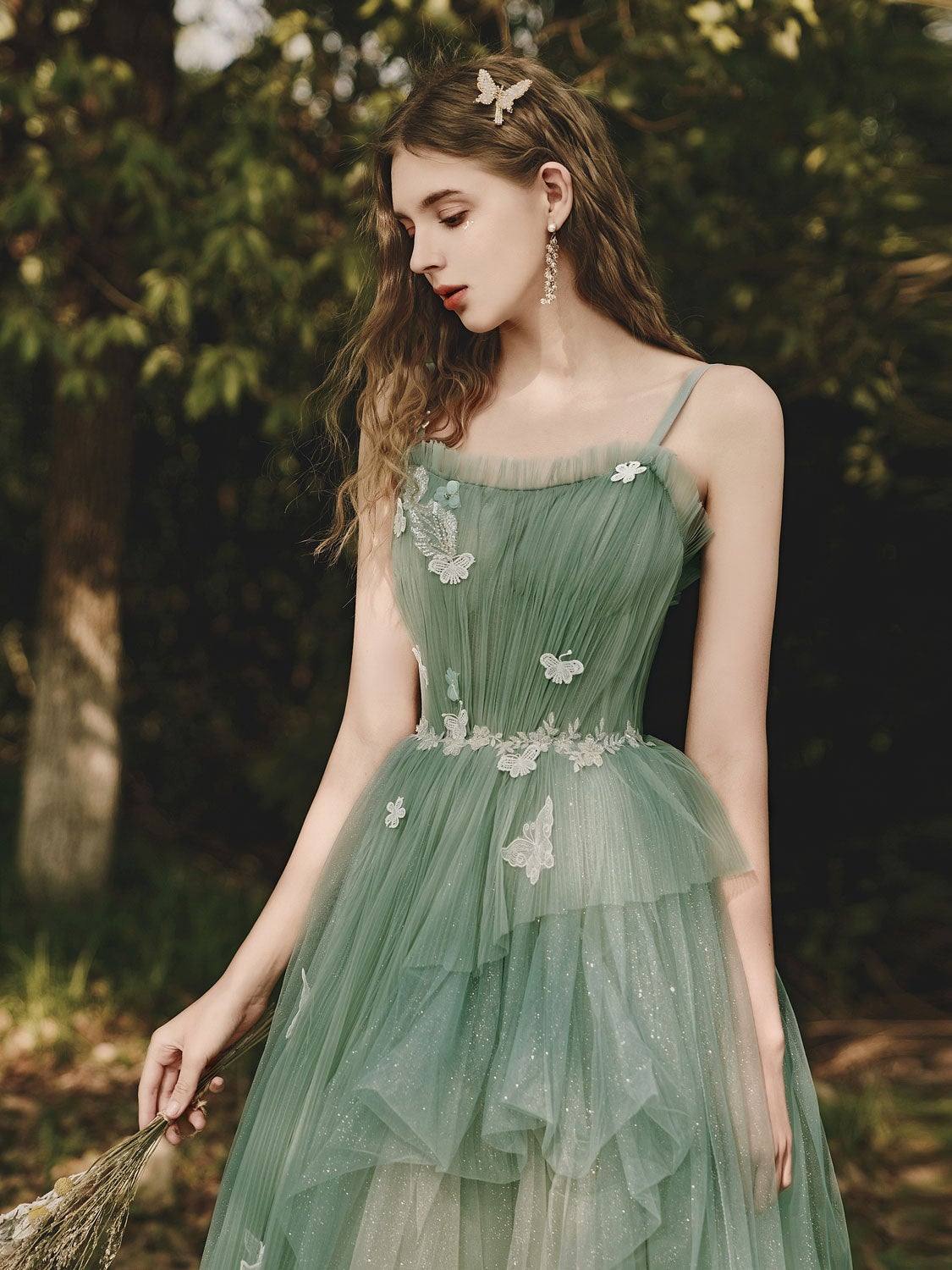 Green tulle lace long prom dress, green tulle formal dress - RongMoon