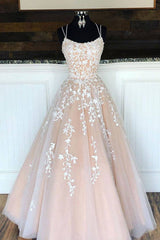Champagne tulle lace long prom dress, champagne tulle formal dress - RongMoon