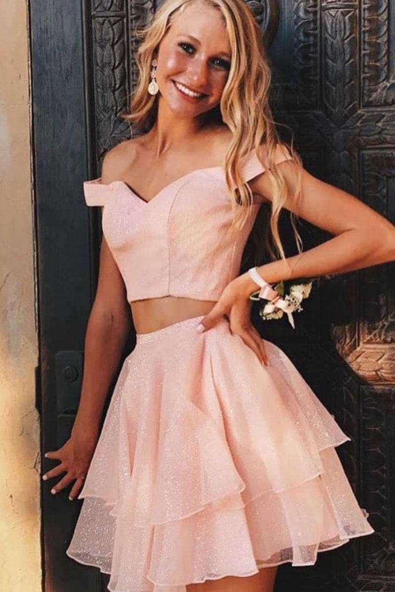 Pink off shoulder tulle formal dress pink cocktail dress - RongMoon