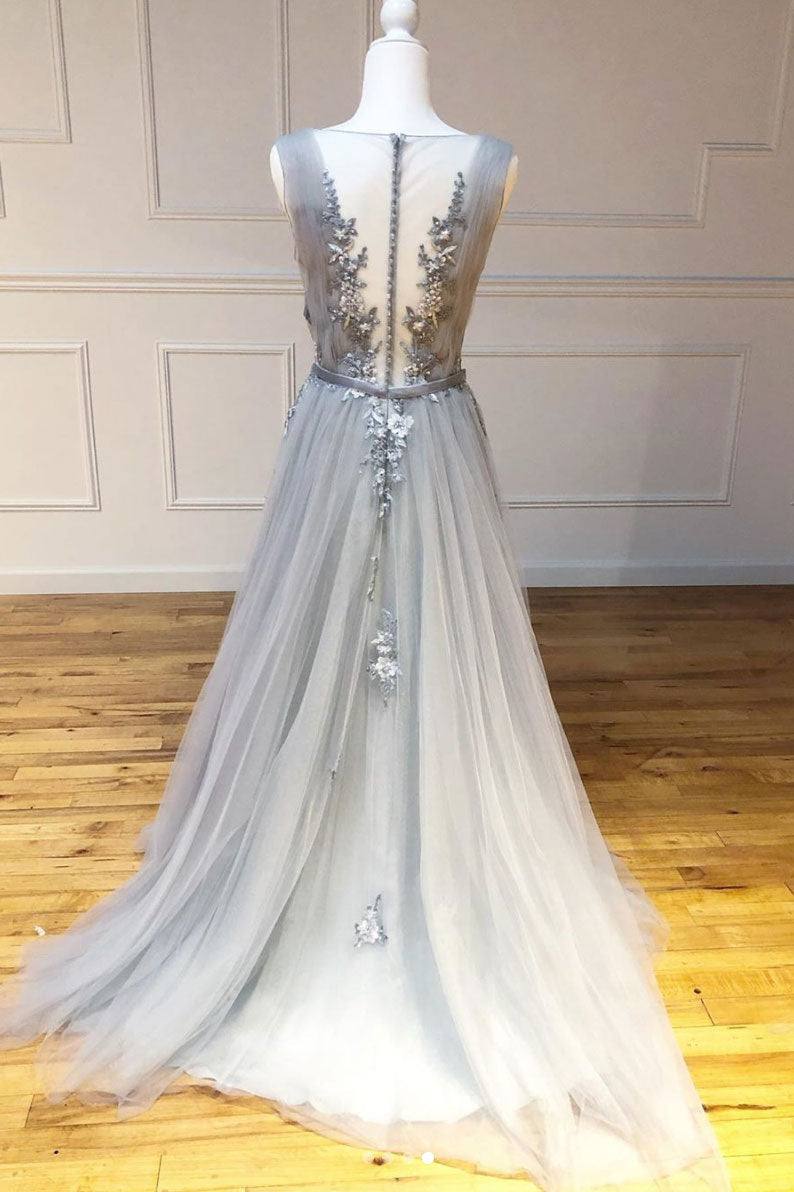 Gray round neck tulle lace long prom dress gray lace evening dress - RongMoon