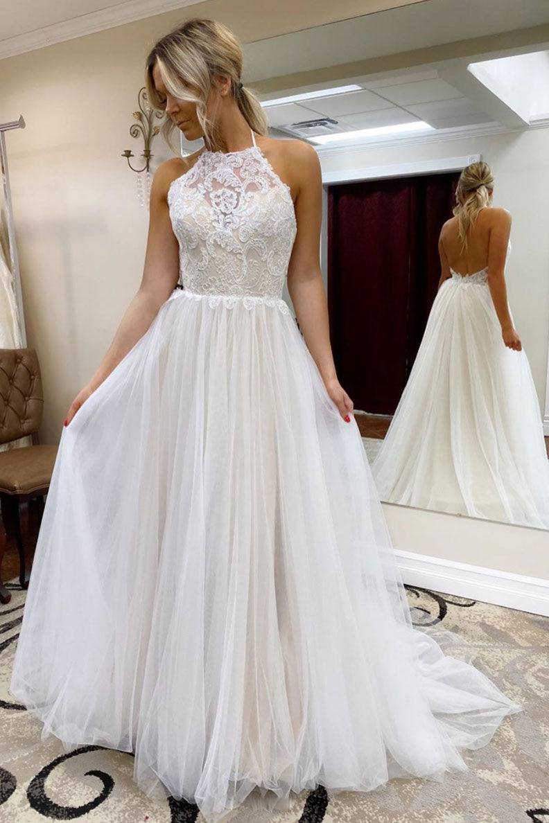 White high neck tulle lace long prom dress evening dress - RongMoon