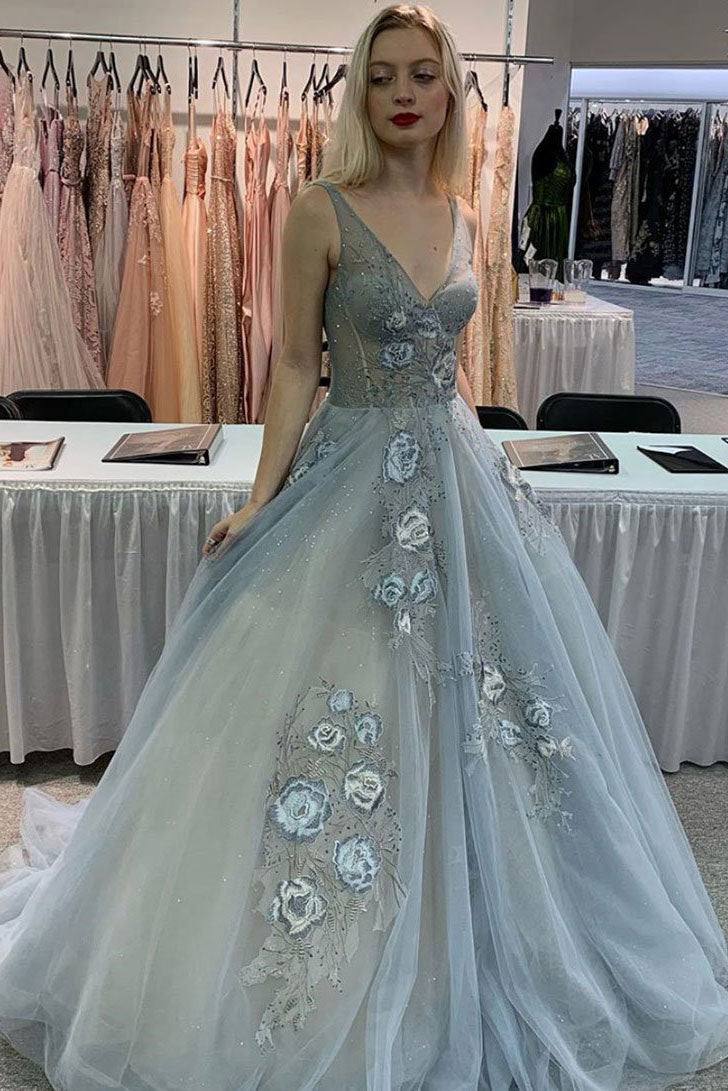 Gray v neck tulle lace sequin long prom dress gray evening dress - RongMoon