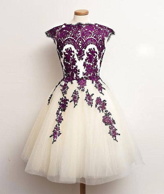 Unique lace tulle short prom dress, lace bridesmaid dress - RongMoon