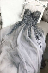Gray sweetheart tulle lace long prom dress gray tulle formal dress - RongMoon