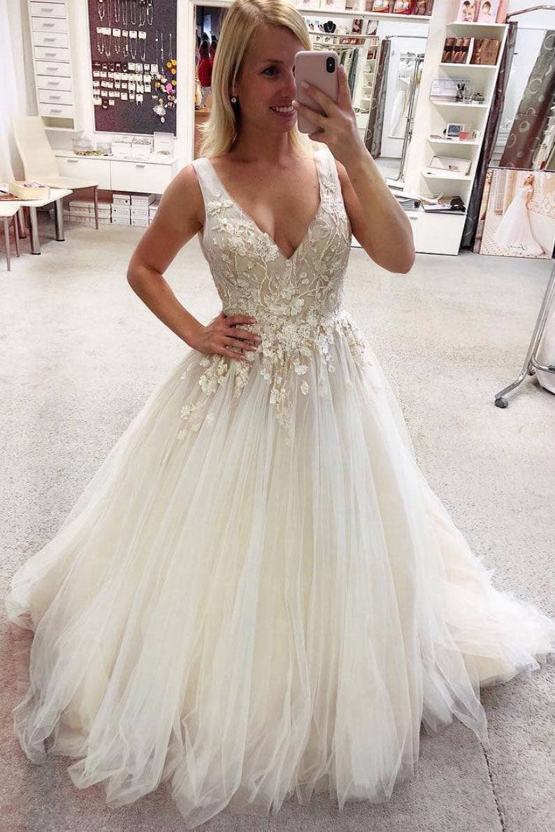 Light champagne v neck tulle lace long prom dress tulle formal dress - RongMoon