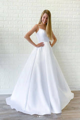 White satin long prom dress, white long evening dress - RongMoon