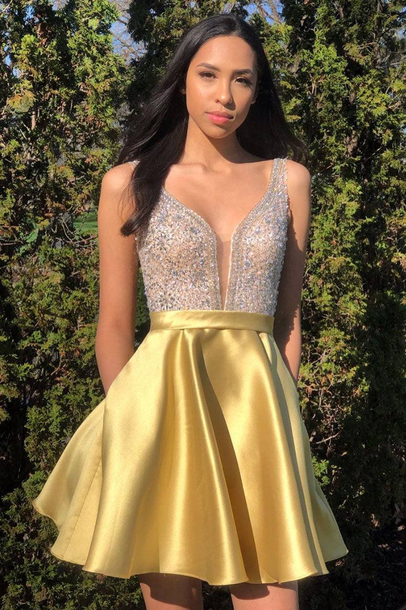 Gold v neck satin beads sequin short prom dress gold homecoming dress - RongMoon