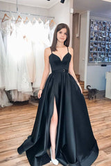 Black sweetheart satin long prom dress black evening dress - RongMoon