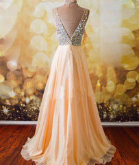 Champagne A-line  v neck Chiffon Long Prom Dress, Formal Dresses - RongMoon