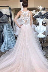 Champagne tulle lace long prom dress, champagne evening dress - RongMoon