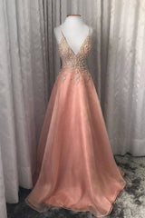 Pink v neck tulle beads long prom dress pink evening dress - RongMoon