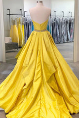 Simple yellow satin long prom dress yellow evening dress - RongMoon