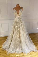 Unique v neck tulle lace long prom dress lace tulle evening dress - RongMoon
