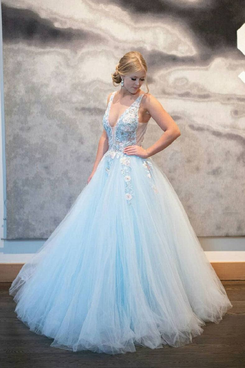 Blue v neck tulle lace long prom dress blue tulle formal dress - RongMoon