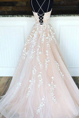 Champagne tulle lace long prom dress, champagne tulle formal dress - RongMoon