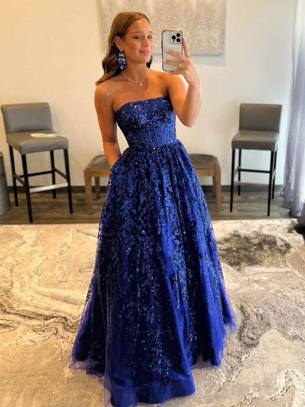 Blue A line tulle sequin long prom dress, blue tulle evening dress - RongMoon