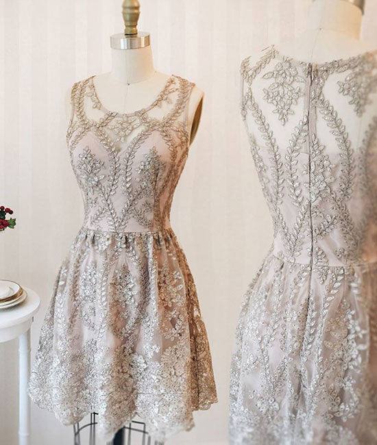 Cute round neck lace short prom dress, homecoming dress, bridesmaid dress - RongMoon