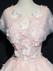 Pink tulle lace long prom dress, pink tulle lace evening dress - RongMoon