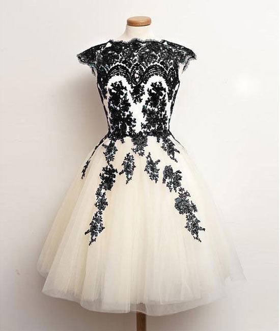 Unique lace tulle short prom dress, lace bridesmaid dress - RongMoon