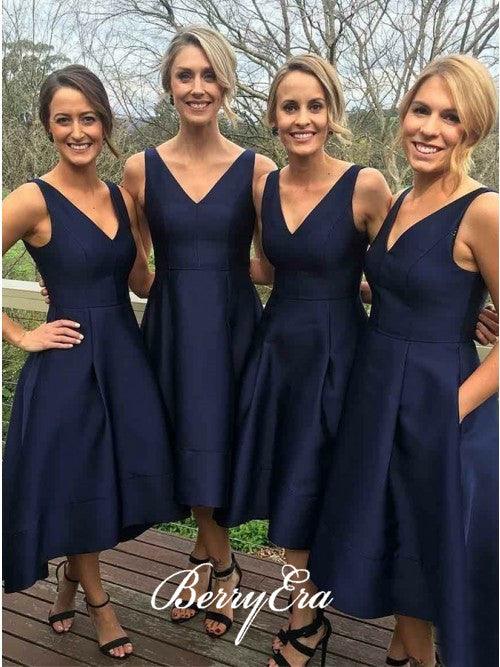 V-neck A-line Navy Satin Bridesmaid Dresses, Wedding Guest Dresses - RongMoon