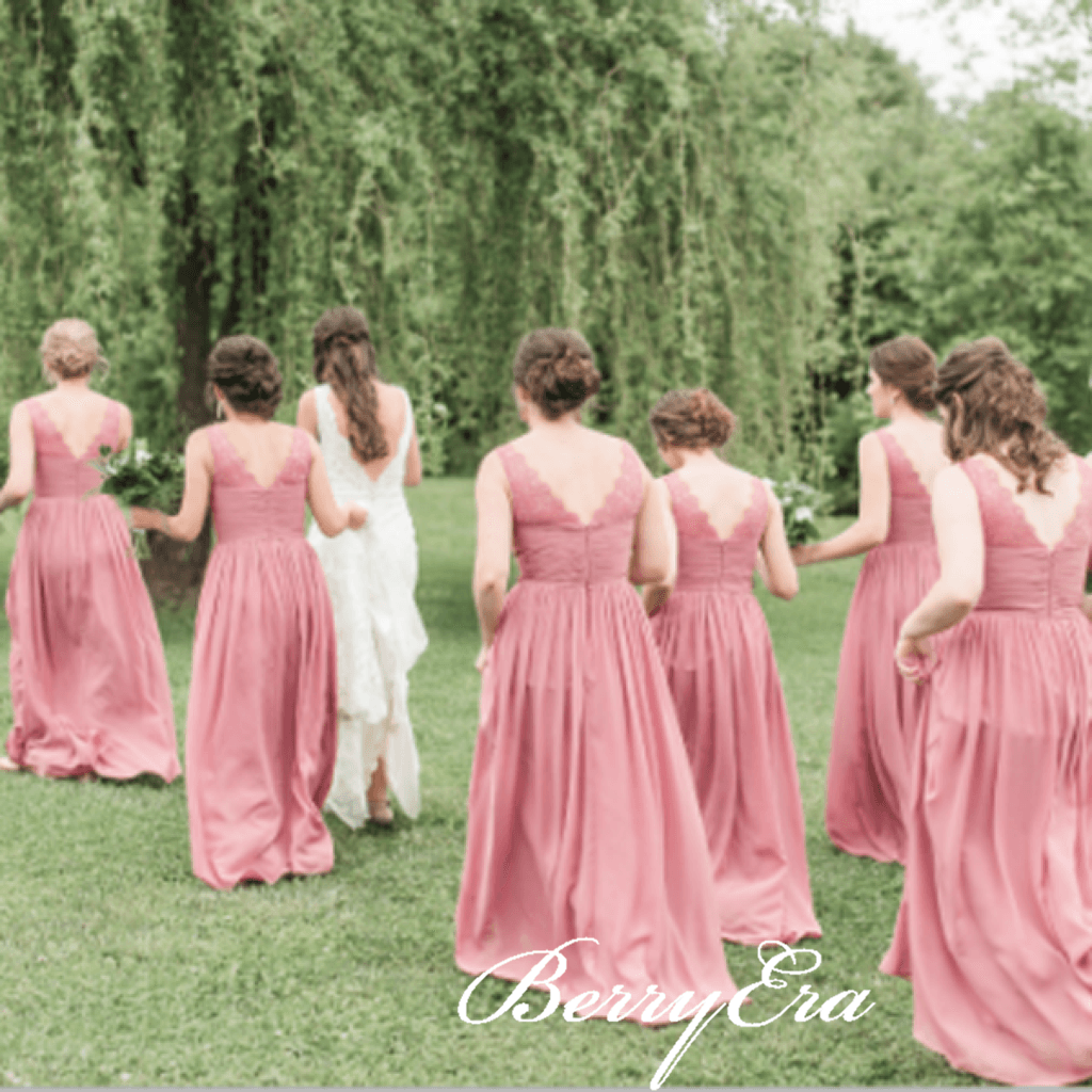 V-neck Dusty Rose Lace Chiffon A-line Bridesmaid Dresses - RongMoon