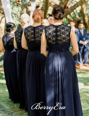 Elegant Lace Chiffon Navy Long Bridesmaid Dresses - RongMoon