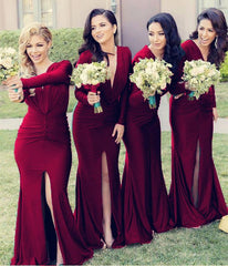 Long Sleeves Open Back Mermaid V-neck Bridesmaid Dresses