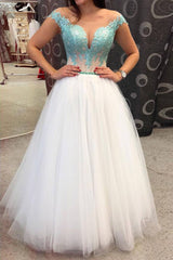 White round neck tulle lace long prom dress green evening dress - RongMoon