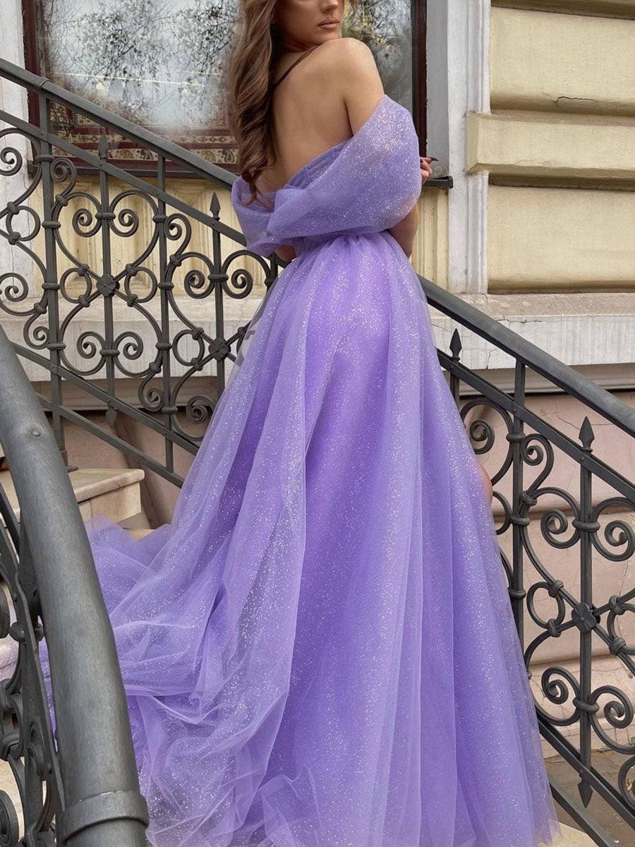 Purple tulle A line long prom dress, purple tulle evening dress - RongMoon