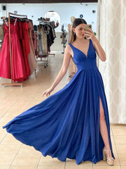 Simple v neck blue chiffon long prom dress blue long bridesmaid dress - RongMoon