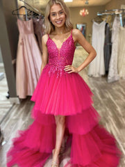 Pink v neck lace tulle high low prom dress, lace evening dress - RongMoon