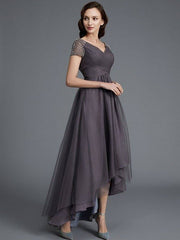 A-Line/Princess V-neck Short Sleeves Asymmetrical Tulle Mother of the Bride Dresses - RongMoon