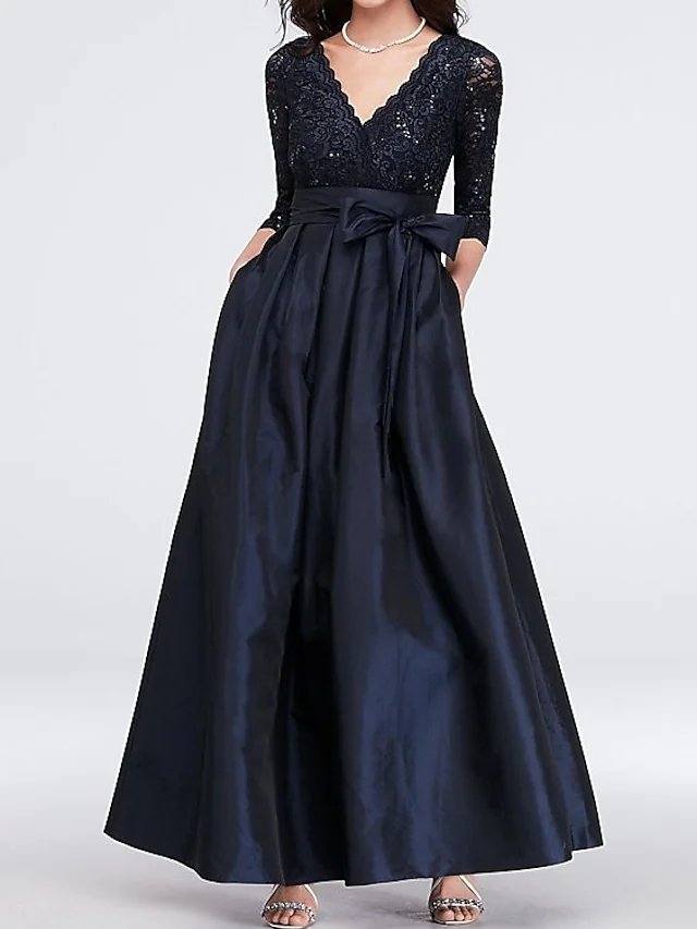 A-Line Mother of the Bride Dress Elegant V Neck Floor Length Lace Satin 3/4 Length Sleeve with Sash / Ribbon Pleats - RongMoon