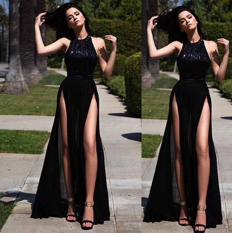 Black Prom Dresses A-line High Collar Chiffon Lace Slit Sexy Long Prom Gown Evening Dresses Evening Gown Robe De Soiree - RongMoon