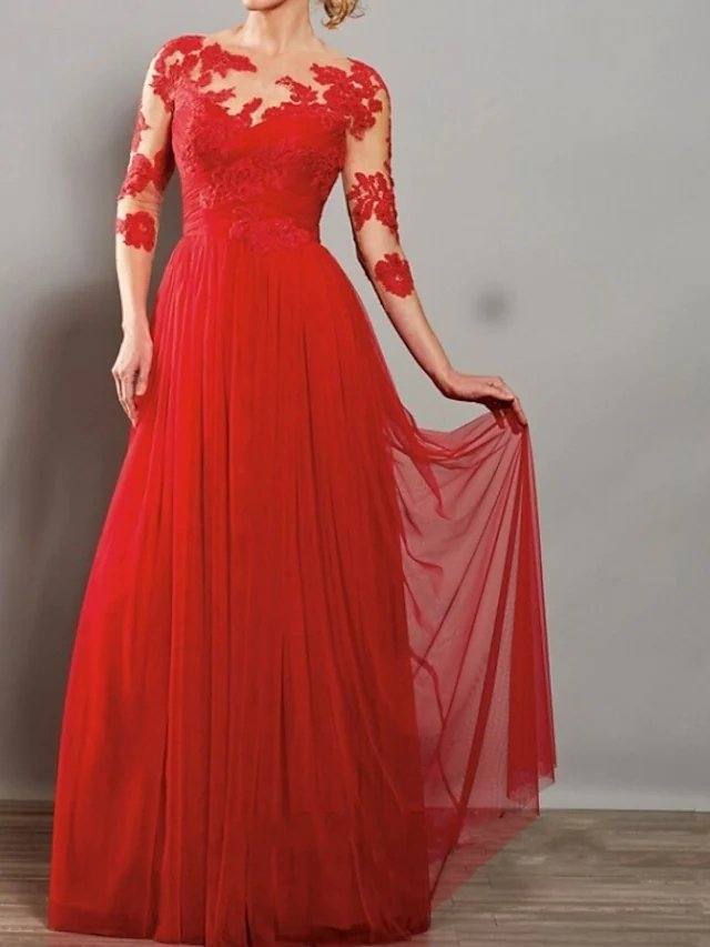 A-Line Mother of the Bride Dress Elegant Illusion Neck Floor Length Lace Tulle 3/4 Length Sleeve with Pleats Appliques - RongMoon