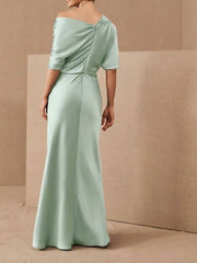 Sheath / Column Mother of the Bride Dress Elegant One Shoulder Floor Length Charmeuse Half Sleeve with Draping - RongMoon