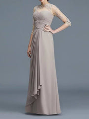 A-Line Mother of the Bride Dress Elegant Illusion Neck Floor Length Chiffon Lace 3/4 Length Sleeve with Lace Appliques Ruching - RongMoon