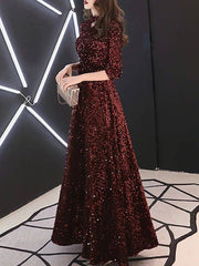 A-Line Minimalist Sparkle Prom Formal Evening Dress Jewel Neck 3/4 Length Sleeve Floor Length Sequined with Sequin Solid - RongMoon