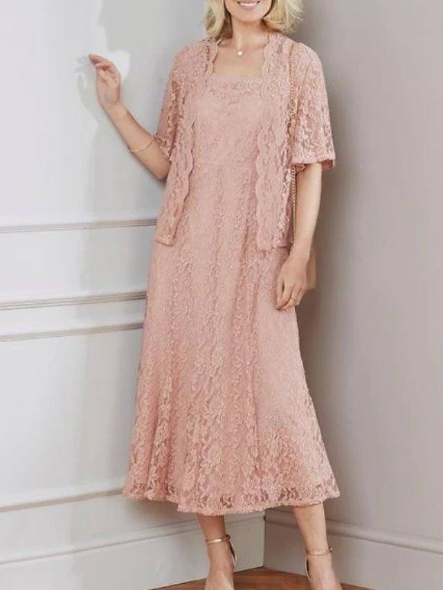 Two Piece Sheath / Column Mother of the Bride Dress Elegant Square Neck Ankle Length Lace Half Sleeve with Pleats Embroidery - RongMoon