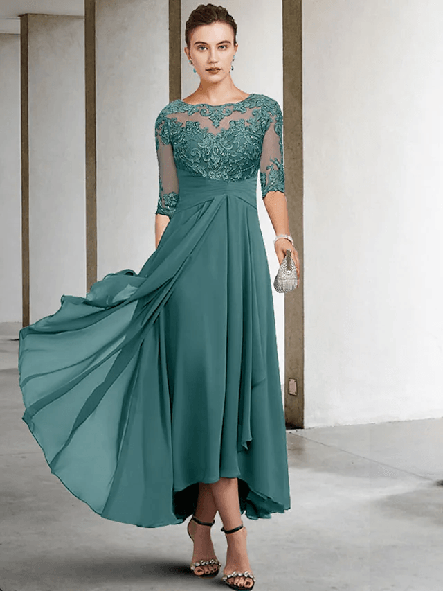 A-Line Mother of the Bride Dress Plus Size Elegant High Low V Neck Asymmetrical Ankle Length Chiffon Lace Half Sleeve - RongMoon