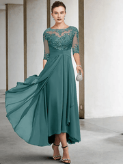 A-Line Mother of the Bride Dress Plus Size Elegant High Low V Neck Asymmetrical Ankle Length Chiffon Lace Half Sleeve - RongMoon